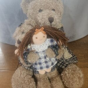 Vintage Teddy Bear Set with Doll - Brown and Blue